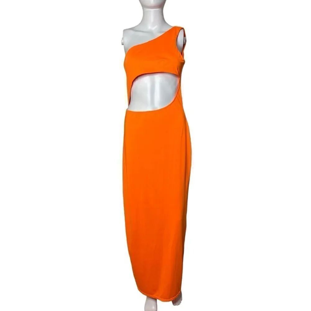 Beginning Boutique Bodycon Cut Out Maxi Dress Bright Neon Orange Size 12